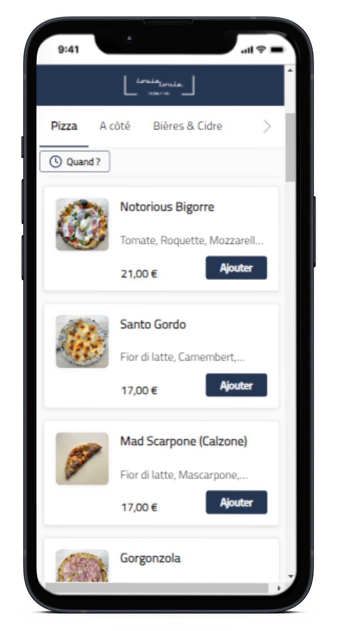 Commande en ligne de TastyCloud a la pizzeria Louie Louie