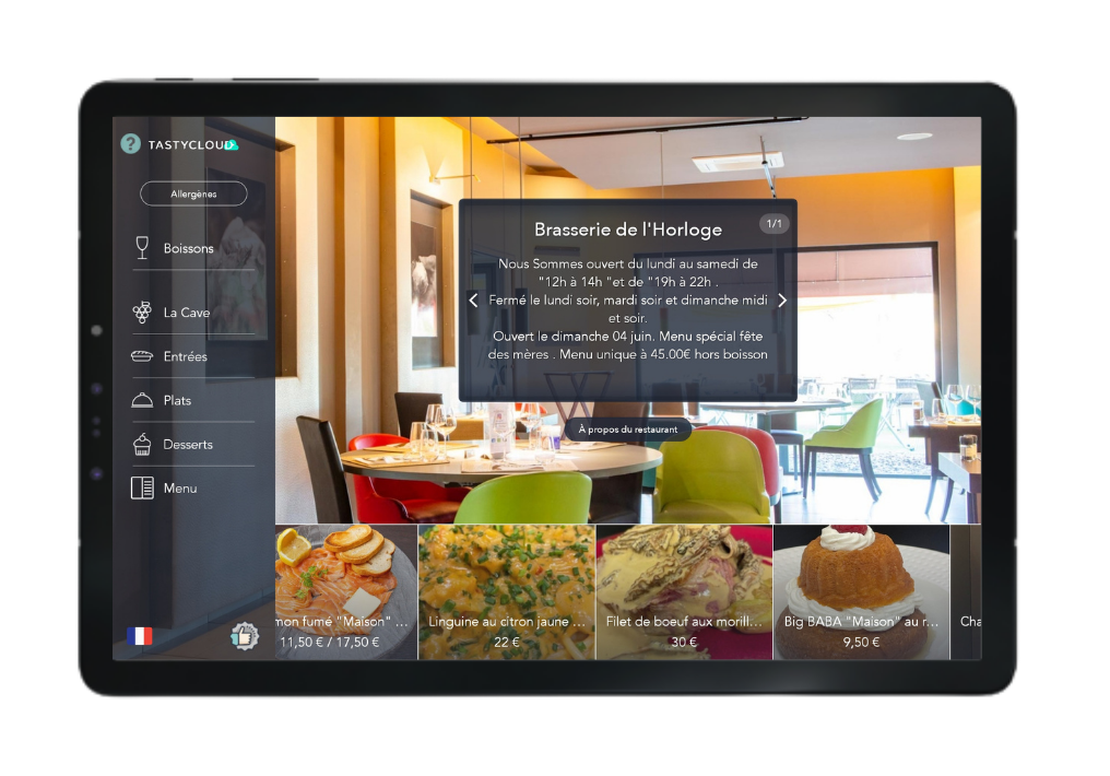 Le menu sur tablette de TastyCloud chez la Brasserie de l'Horloge