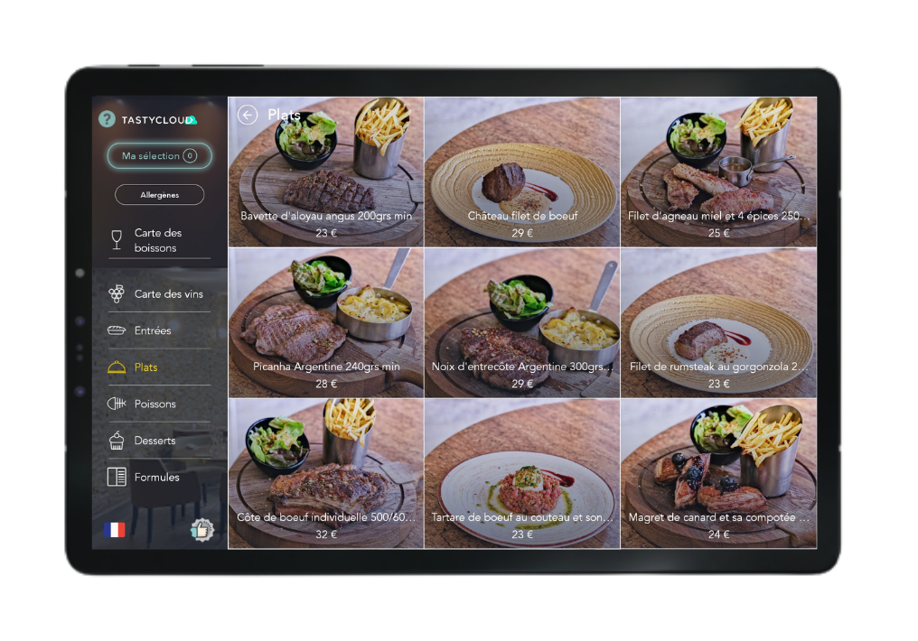 Le menu sur tablette de TastyCloud
